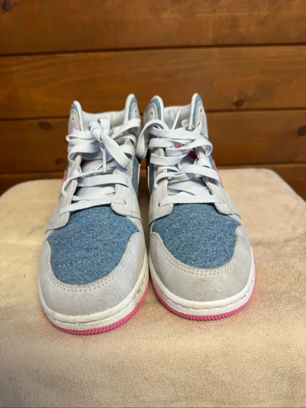 Nike Air Jordan 1 Mid SE shoes Cobalt Bliss/Pink Glow denim/ suede Sz 5 Youth HQ